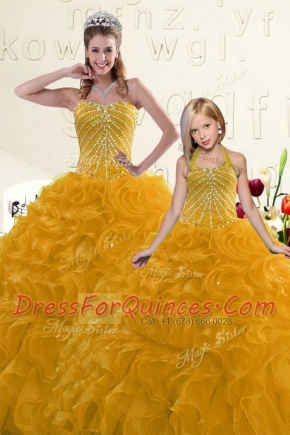 Gold Sweetheart Lace Up Beading and Ruffles Sweet 16 Dresses Sleeveless