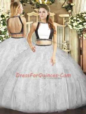 Comfortable Floor Length White Quinceanera Dress Tulle Sleeveless Ruffles