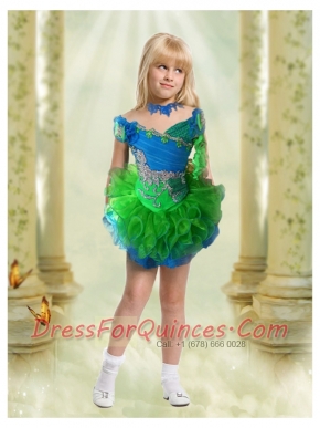 Beautiful  Blue and Green Off the Shoulder Little Girl Dress with Appliques and Beading