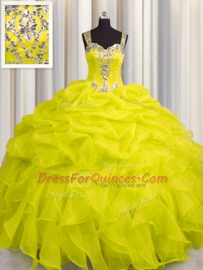 See Through Zipper Up Straps Sleeveless Quinceanera Gown Floor Length Appliques and Ruffles Yellow Organza