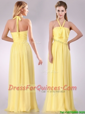 Lovely Halter Top Chiffon Ruched Long Dama Dress in Yellow