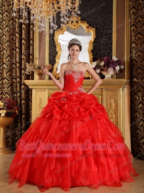 Red Ball Gown Sweetheart Floor-length Organza Appliques with Beading Quinceanera Dress