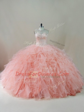 Customized Beading and Ruffles Quinceanera Gowns Peach Lace Up Sleeveless Floor Length