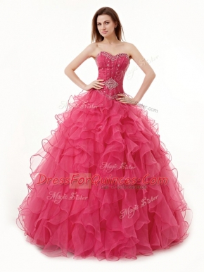 Latest Coral Red Ball Gown Prom Dress Military Ball and Sweet 16 and Quinceanera and For with Beading and Ruffles Sweetheart Sleeveless Lace Up