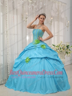 Hand Made Flowers Baby Blue Quinceanera Dress Strapless Taffeta Beading and Hand Flowers