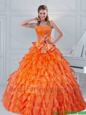 Cheap Simple Orange Quinceanera Dress with Ruffles and Bowknot for 2015