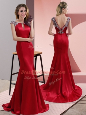 Hot Selling Red Cap Sleeves Elastic Woven Satin Sweep Train Backless Homecoming Dress for Prom and Party and Military Ball