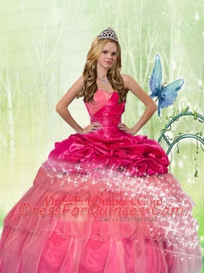 2014 Cute Hot Pink Sweetheart Organza Quinceanera Dresses with Pick-ups