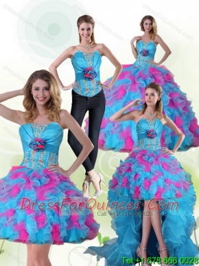 New Styles Strapless Appliques and Ruffles Multi Color Quinceanera Dress