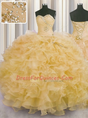 Gold Sleeveless Organza Lace Up Ball Gown Prom Dress for Military Ball and Sweet 16 and Quinceanera