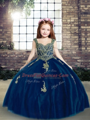Stylish Tulle Sleeveless Floor Length Little Girl Pageant Dress and Appliques