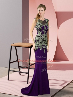Purple Satin Zipper Scoop Sleeveless Prom Gown Sweep Train Appliques