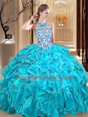New Arrival Organza Scoop Sleeveless Backless Embroidery and Ruffles Quinceanera Gown in Teal