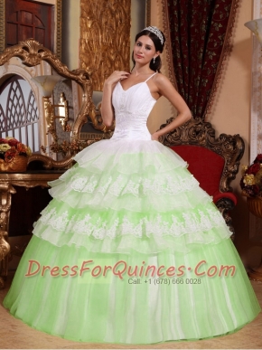 Yellow Green Ball Gown Spaghetti Straps 15th Birthday Dresses with  Organza Lace Appliques