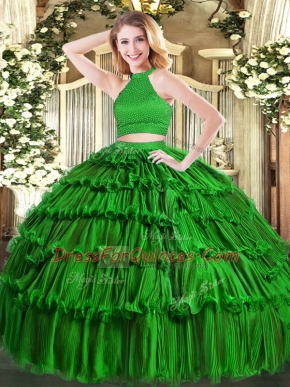 Organza Sleeveless Floor Length Sweet 16 Dress and Beading and Ruffled Layers