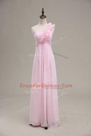 Baby Pink One Shoulder Neckline Ruching Dress for Prom Sleeveless Zipper
