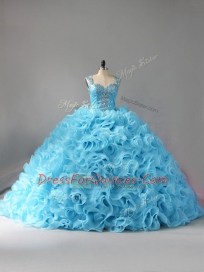 Fabric With Rolling Flowers Straps Sleeveless Court Train Zipper Beading and Ruffles Quinceanera Gowns in Baby Blue