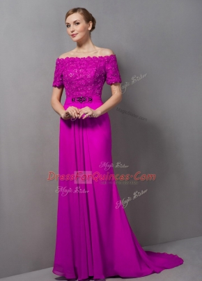 Luxury Short Sleeves Lace Zipper Prom Evening Gown with Fuchsia Sweep Train