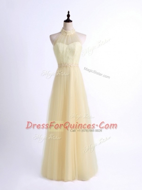 Sophisticated Tulle Halter Top Sleeveless Lace Up Lace and Appliques Court Dresses for Sweet 16 in Light Yellow