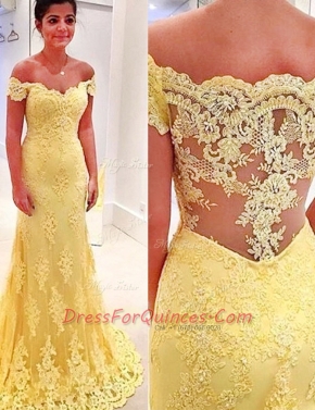 New Style Yellow Mermaid Off The Shoulder Short Sleeves Lace Brush Train Side Zipper Appliques Dress for Prom