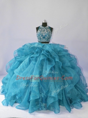 Perfect Teal Sleeveless Floor Length Beading and Ruffles Backless Vestidos de Quinceanera