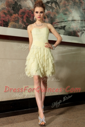 Custom Made Ruffled Spaghetti Straps Sleeveless Side Zipper Prom Dress Light Yellow Chiffon