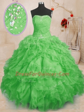 Floor Length Sweet 16 Dress Organza Sleeveless Beading and Ruffles and Ruching