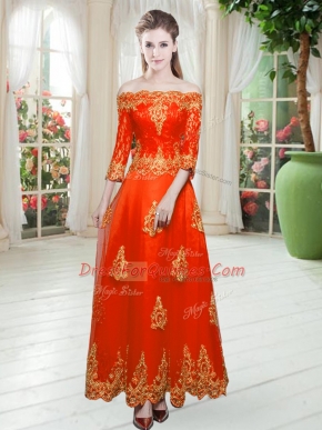 Pretty Orange Red A-line Lace Prom Party Dress Lace Up Tulle 3 4 Length Sleeve Floor Length