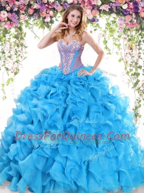 Baby Blue Lace Up Quinceanera Gowns Beading and Ruffles Sleeveless Sweep Train