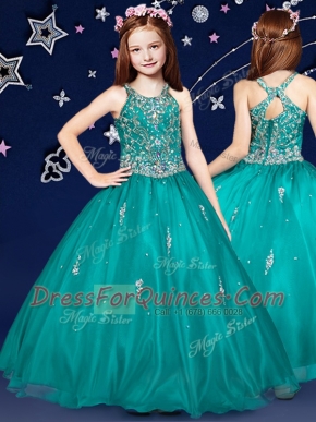 Comfortable Scoop Sleeveless Zipper Flower Girl Dresses for Less Teal Organza