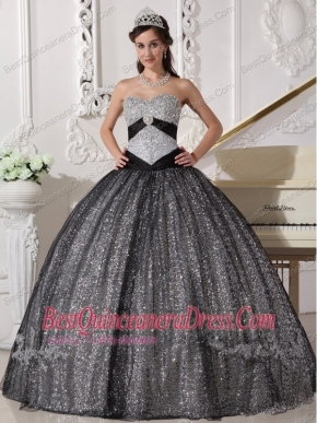 Black Ball Gown Sweetheart Floor-length Sequined and Tulle Appliques Quinceanera Dress