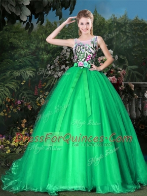 Scoop Appliques and Belt Sweet 16 Dresses Green Zipper Sleeveless Brush Train