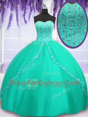 Designer Beading and Sequins Sweet 16 Quinceanera Dress Turquoise Lace Up Sleeveless Floor Length