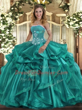 Sleeveless Organza Floor Length Lace Up Sweet 16 Dresses in Turquoise with Beading and Ruffles