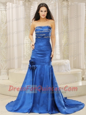 Prom Dress Mermaid Royal Blue and Court Train For Beaded Decorate Bust Hand Made Flowers