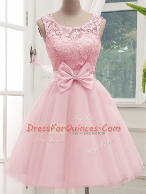 Scoop Sleeveless Damas Dress Knee Length Lace and Bowknot Baby Pink Tulle