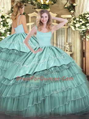 Great Sleeveless Organza Floor Length Zipper Quinceanera Gowns in Blue with Embroidery and Ruffled Layers