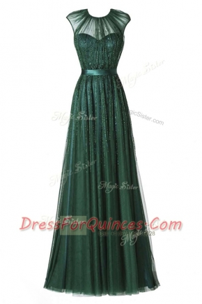 Amazing Scoop Beading and Pleated Prom Evening Gown Dark Green Zipper Cap Sleeves Floor Length