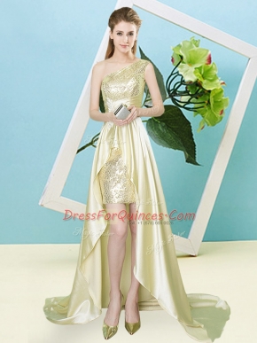 Great Light Yellow Lace Up One Shoulder Sequins Prom Party Dress Elastic Woven Satin and Sequined Sleeveless