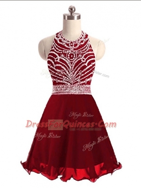Wine Red Chiffon Lace Up Halter Top Sleeveless Mini Length Prom Gown Beading