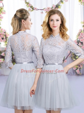 Grey High-neck Neckline Lace and Belt Quinceanera Dama Dress Half Sleeves Zipper
