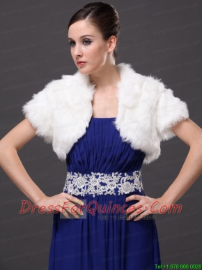 Faux Fur V-Neck Fashionable Wedding Short Sleeves Prom Jacket White