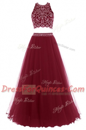 Customized Halter Top Burgundy A-line Beading Evening Dress Zipper Tulle Sleeveless Floor Length
