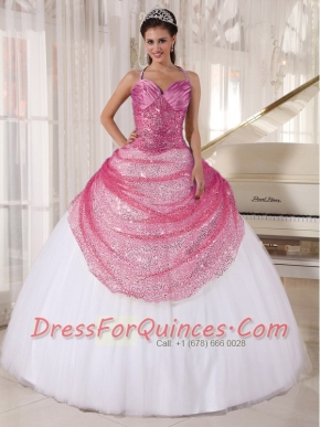 Rose Pink and White Spaghetti Straps Pretty Quinceanera Dresses with  Appliques