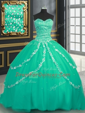 Inexpensive Turquoise Lace Up Sweetheart Beading and Appliques 15 Quinceanera Dress Tulle Sleeveless Brush Train