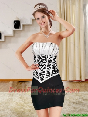 Cheap Simple Beaded Zebra Print Ruffled Dama Dresses in White and Black