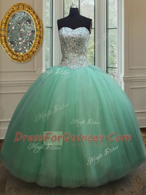 Nice Floor Length Lace Up Quince Ball Gowns Apple Green for Military Ball and Sweet 16 and Quinceanera with Beading