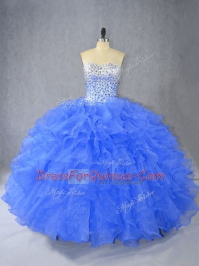Blue Organza Lace Up Sweetheart Sleeveless Floor Length Quince Ball Gowns Beading and Ruffles