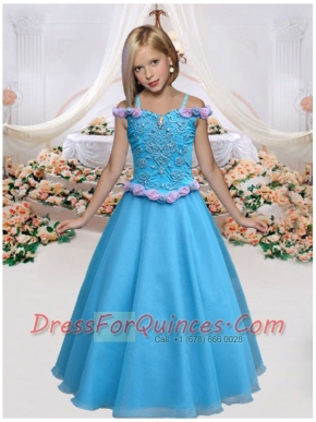 Fashionable  A-Line Off the Shoulder Appliques Little Girl Pageant Dresses in Blue