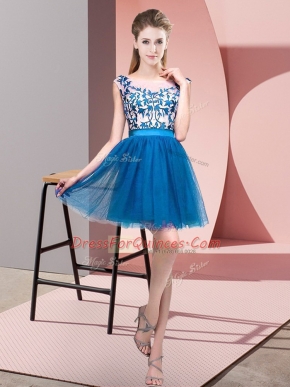 Artistic Blue Tulle Zipper Bateau Sleeveless Mini Length Dama Dress Lace